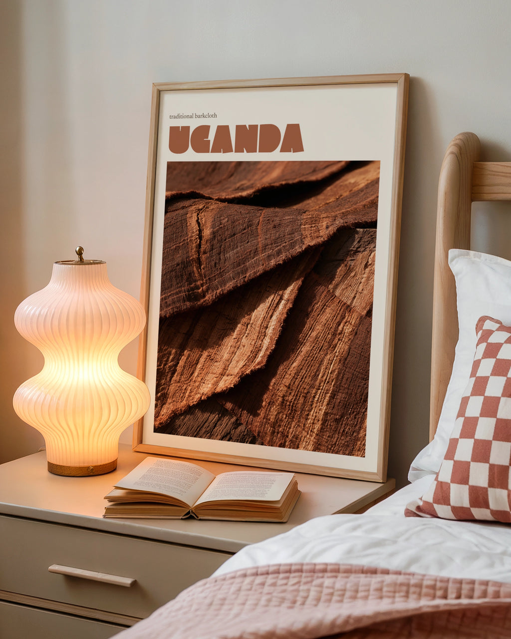 Uganda Travel Print, contemporary African Wall Art, Traditional Barkcloth, Terracotta Decor