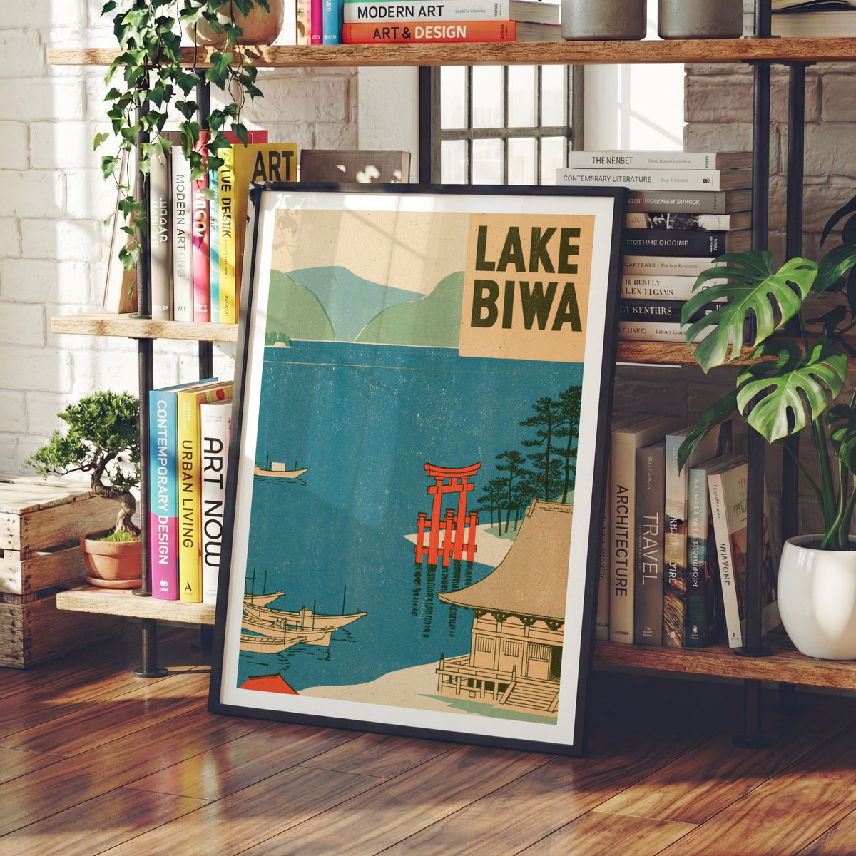 Lake Biwa Japan Retro Travel Poster, Vintage Travel Torii Gate Woodblock Style, Japanese Wall Art