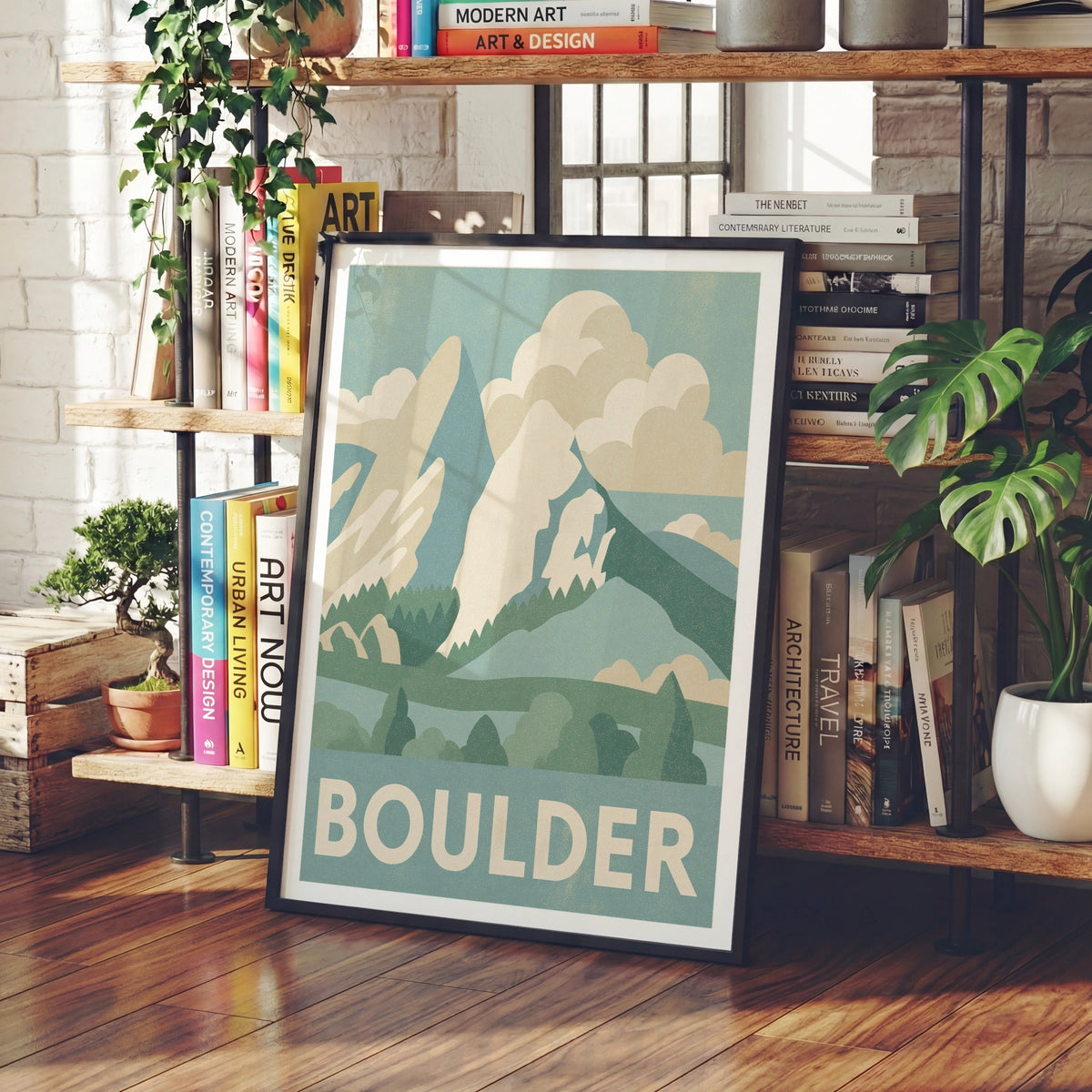 Boulder Colorado Retro Travel Poster, Flatirons Mountain Print, Vintage Travel Wall Art