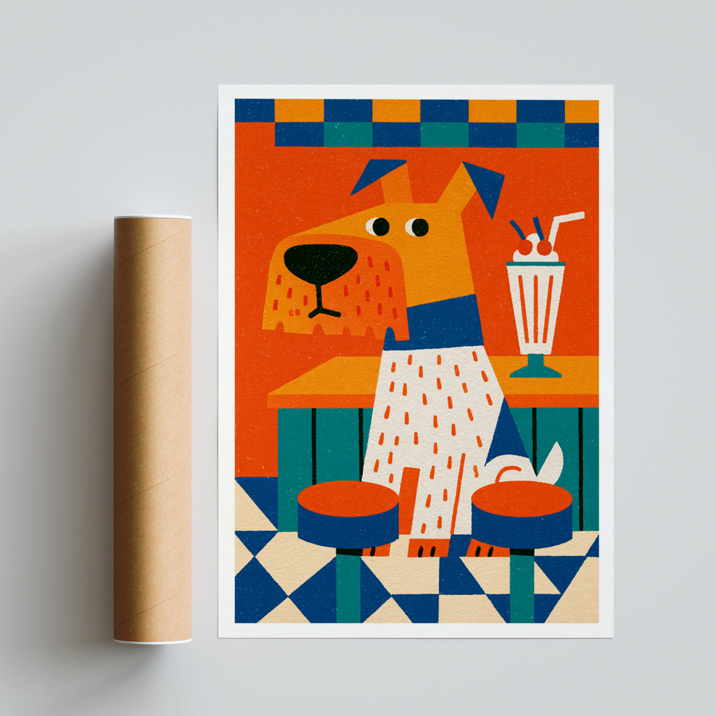 Retro Diner Dog Poster, Vintage Milkshake Wall Art, Colourful Fun Dog Print for Kitchen