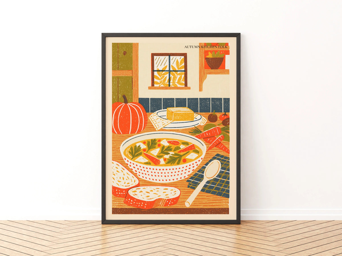 Autumn Soup Kitchen Print, Vintage Food Poster Print, Rustic Kitchen Decor, Retro Mid Century