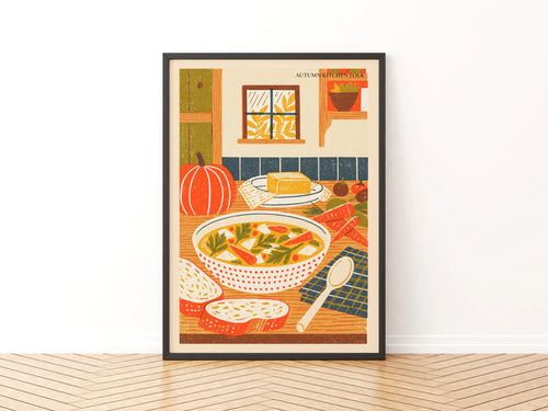 Autumn Soup Kitchen Print, Vintage Food Poster Print, Rustic Kitchen Decor, Retro Mid Century