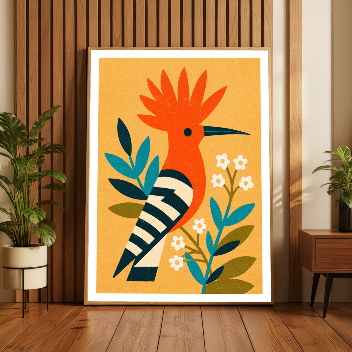 Retro Hoopoe Bird Poster, Vintage Mid Century Modern Wall Art, Orange Botanical Animal Art Print