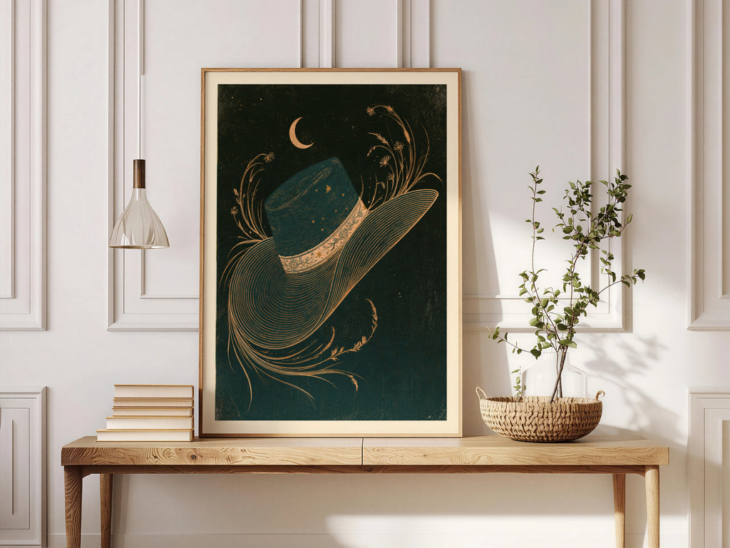 Celestial Straw Hat Art Print, Crescent Moon, Wildflowers, Dark Green Gold Boho Wall Decor Poster