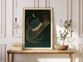 Celestial Straw Hat Art Print, Crescent Moon, Wildflowers, Dark Green Gold Boho Wall Decor Poster