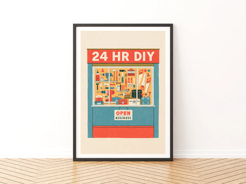 24 HR DIY Retro Tool Shop Poster, Vintage Hardware Store Wall Art Print