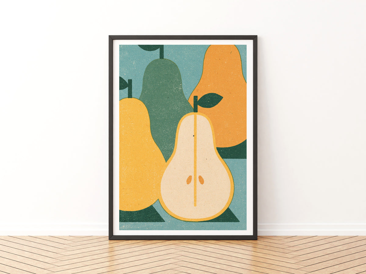 Vintage Food Poster Print | Rustic Kitchen Decor, Mid Century Pear Art, Retro Fruit Wall Art