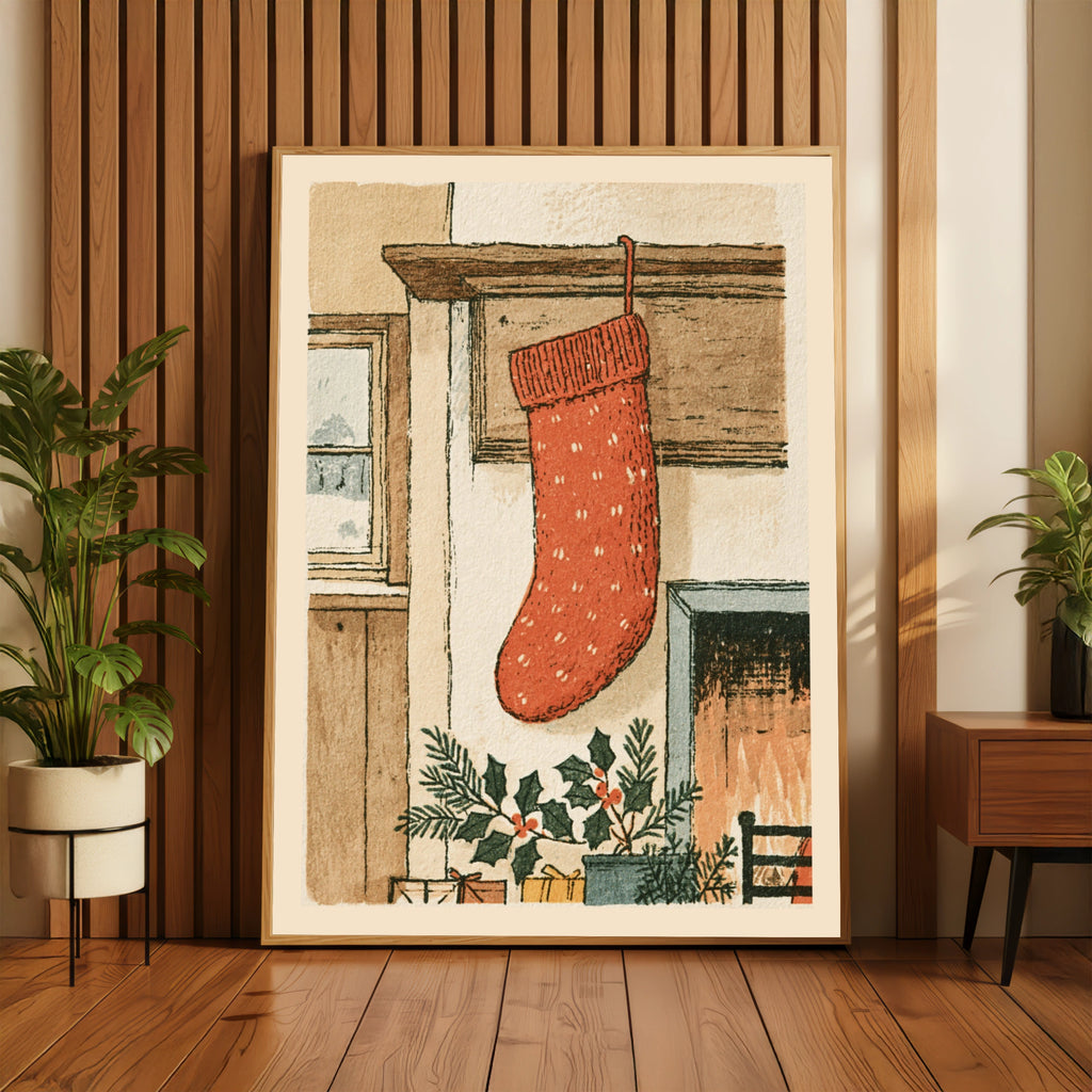 Christmas Stocking Fireplace Print, Classic Festive Wall Art, Vintage Holiday Poster, Cosy Home