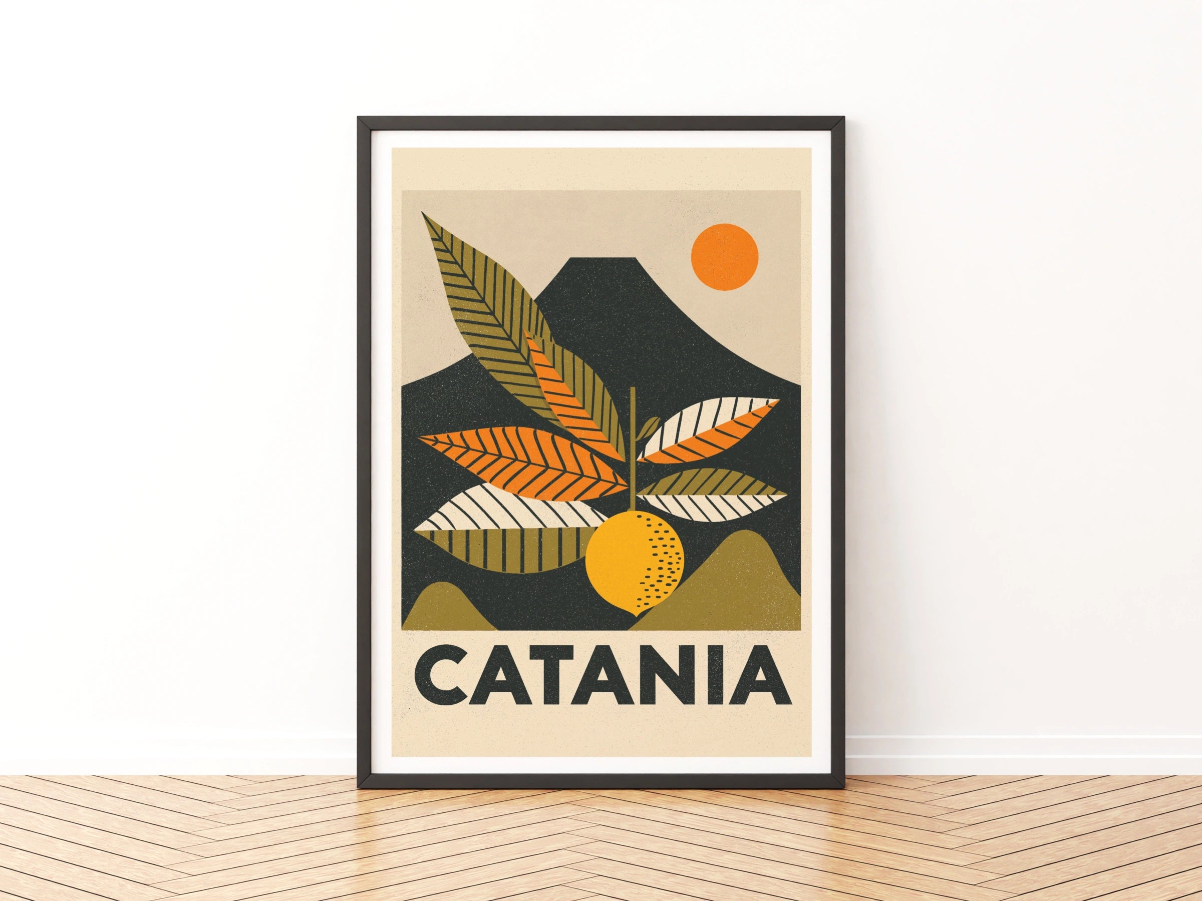 Catania Retro Travel Poster, Sicily Italy Print, Vintage Travel Wall Art, Citrus Orange Etna