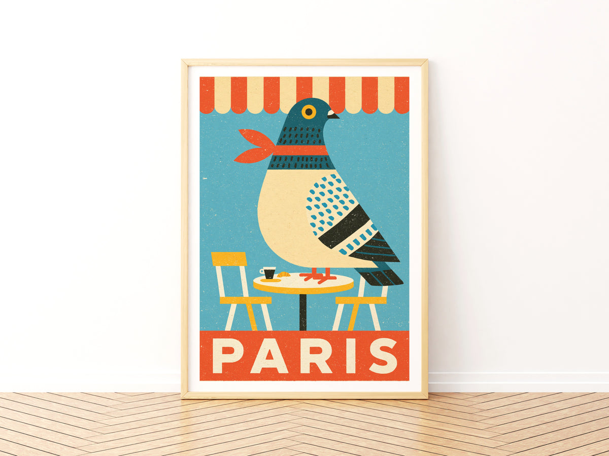 Paris Pigeon Retro Print, French Cafe Wall Art, Vintage Travel Folk Bird Art Print