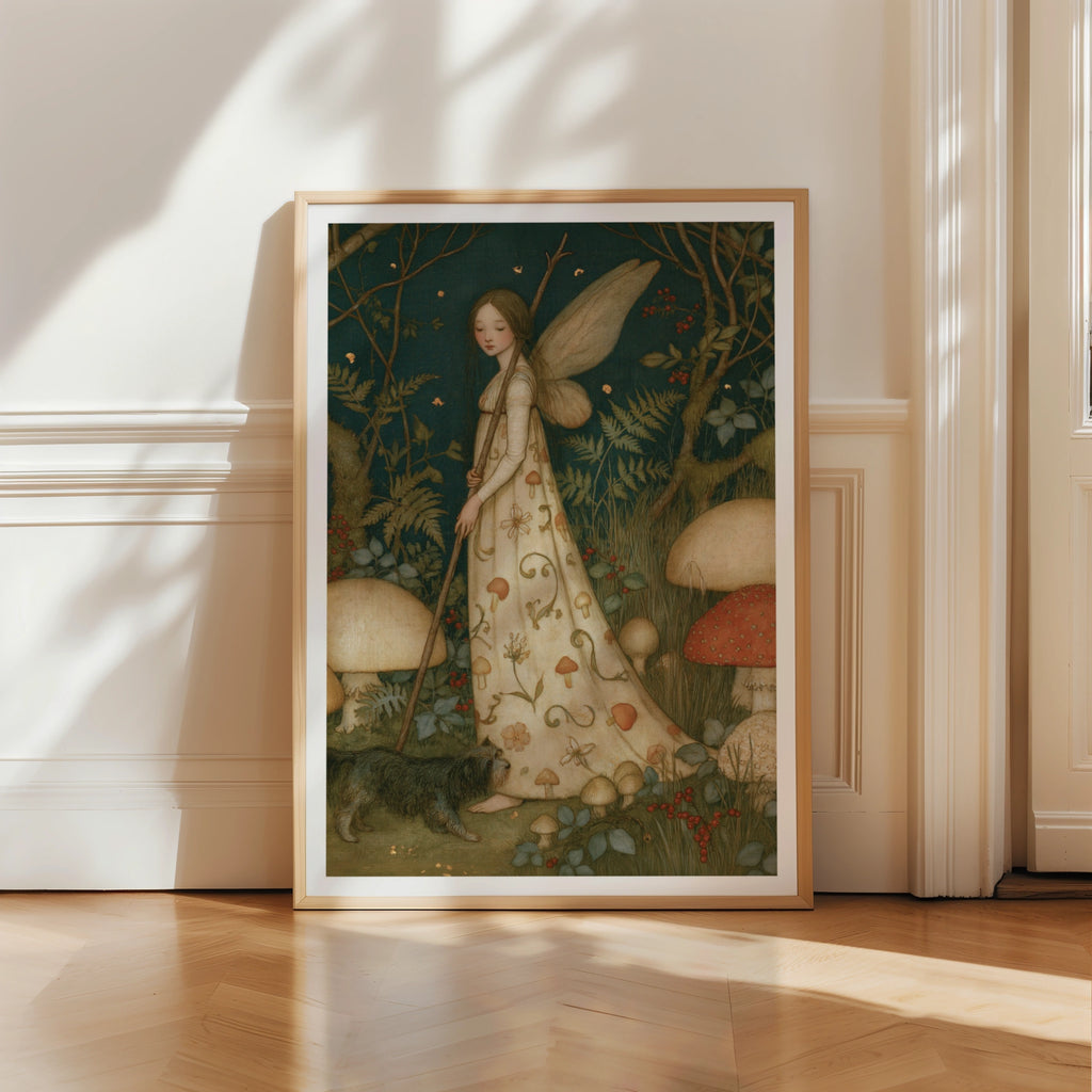 Mushroom Fairy Forest Print, Classic Inspired Botanical Folk Art Poster, Cottagecore Wall Art