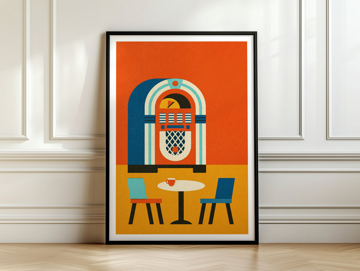Retro Jukebox Poster, Vintage Diner Wall Art Print, 1950s Music Orange Blue Decor