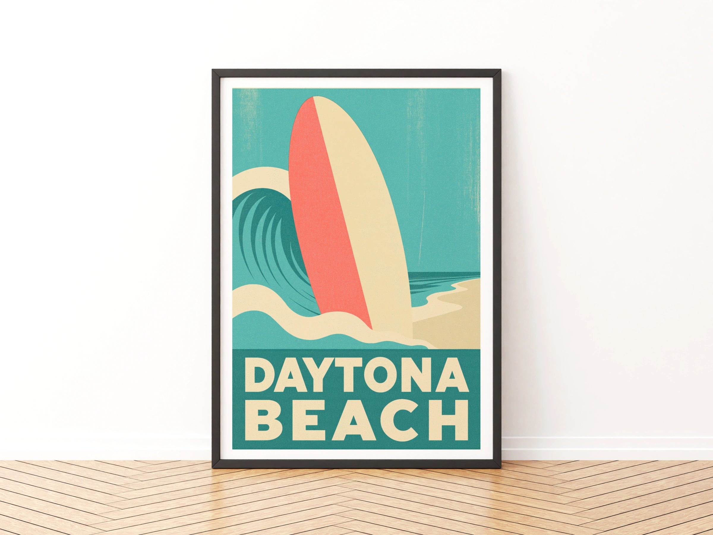Daytona Beach Retro Surf Poster, Vintage Travel Print, Surfboard Wall Art Florida