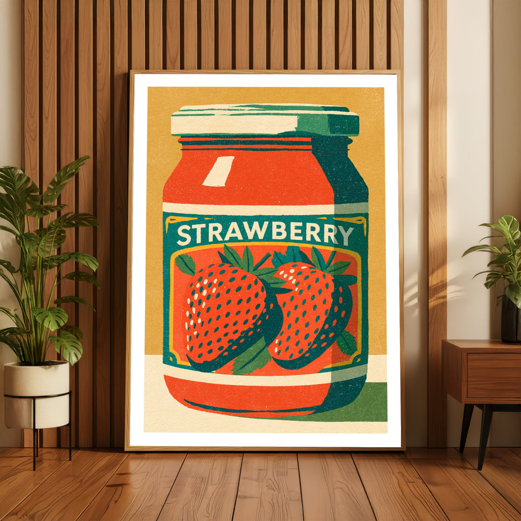 Vintage Food Poster Print, Strawberry Jam Jar, Rustic Kitchen Decor, Retro Mid Century Risograph