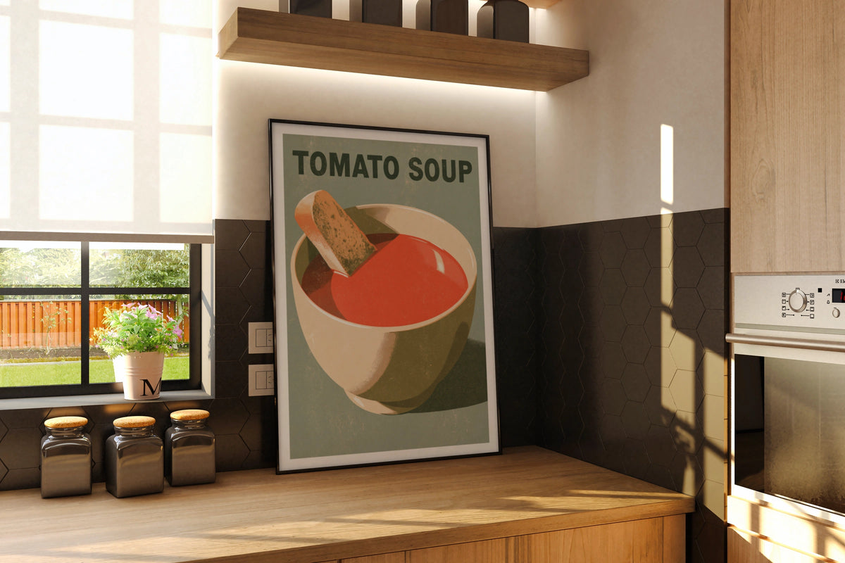 Tomato Soup Vintage Food Poster Print | Rustic Kitchen Decor | Retro Mid Century Risograph Art