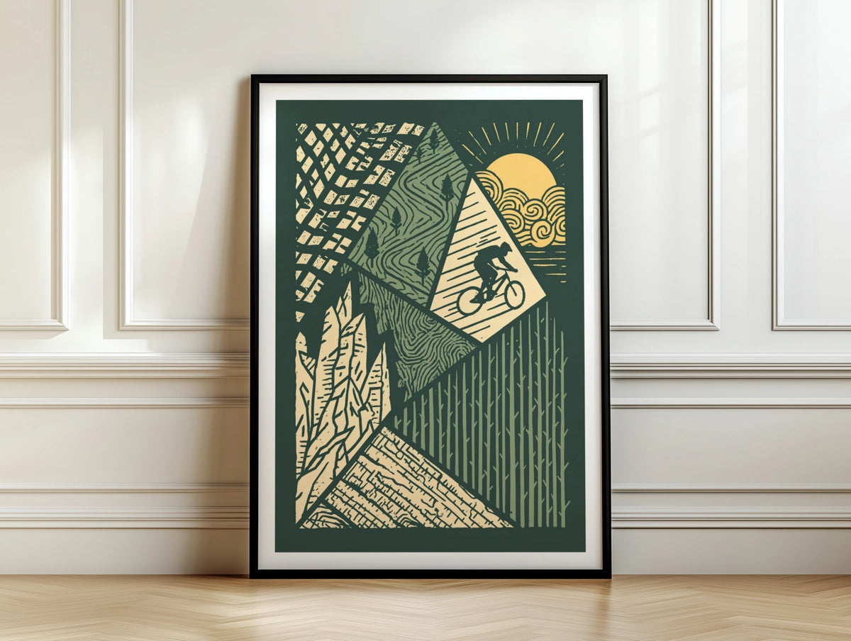 Mountain Bike Retro Poster, MTB Trail Art Print, Vintage Cycling Wall Art, Green