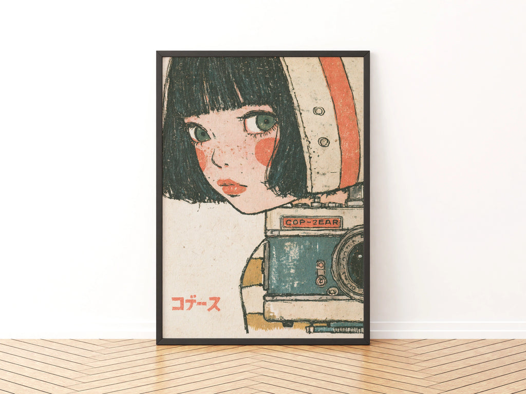 Retro Japanese Girl Camera Poster, 1960s Vintage Anime Style Art Print, Kawaii Wall Decor