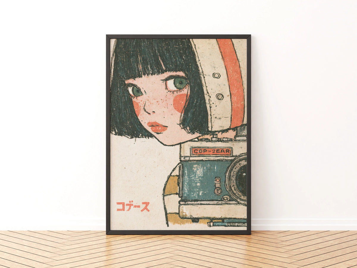 Retro Japanese Girl Camera Poster, 1960s Vintage Anime Style Art Print, Kawaii Wall Decor