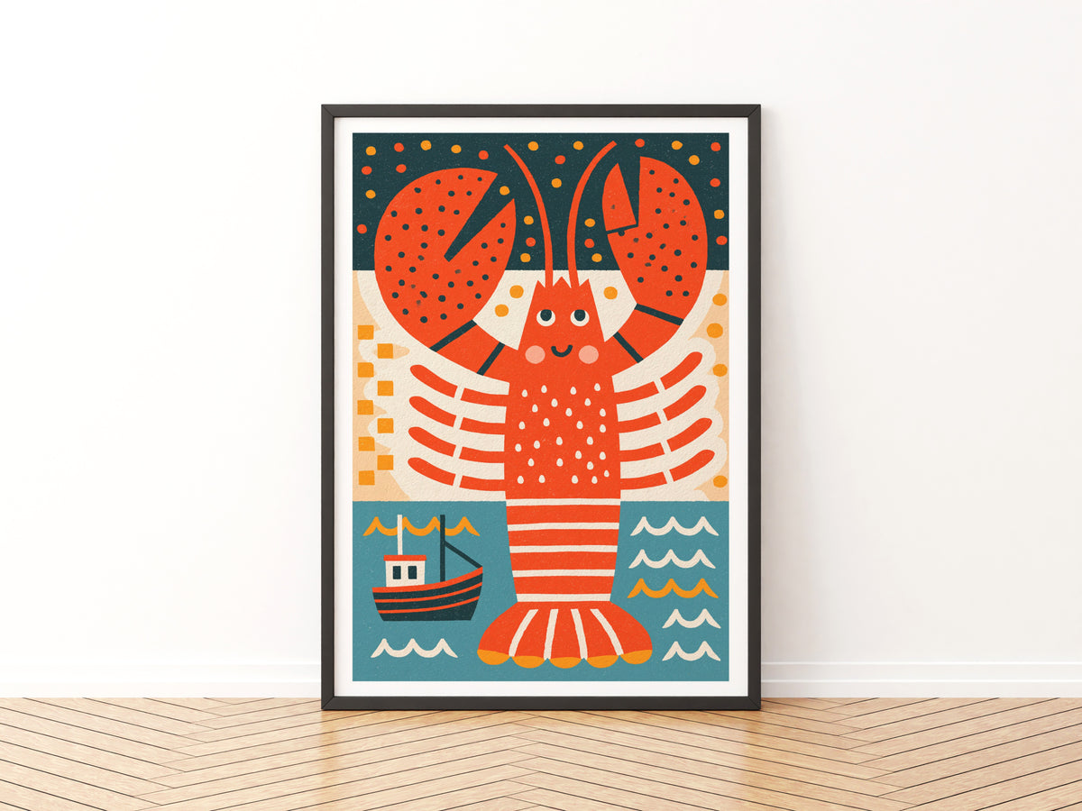 Retro Lobster Print, Vintage Style Seaside Wall Art, Nautical Fishing Boat Poster, Kitchen Decor
