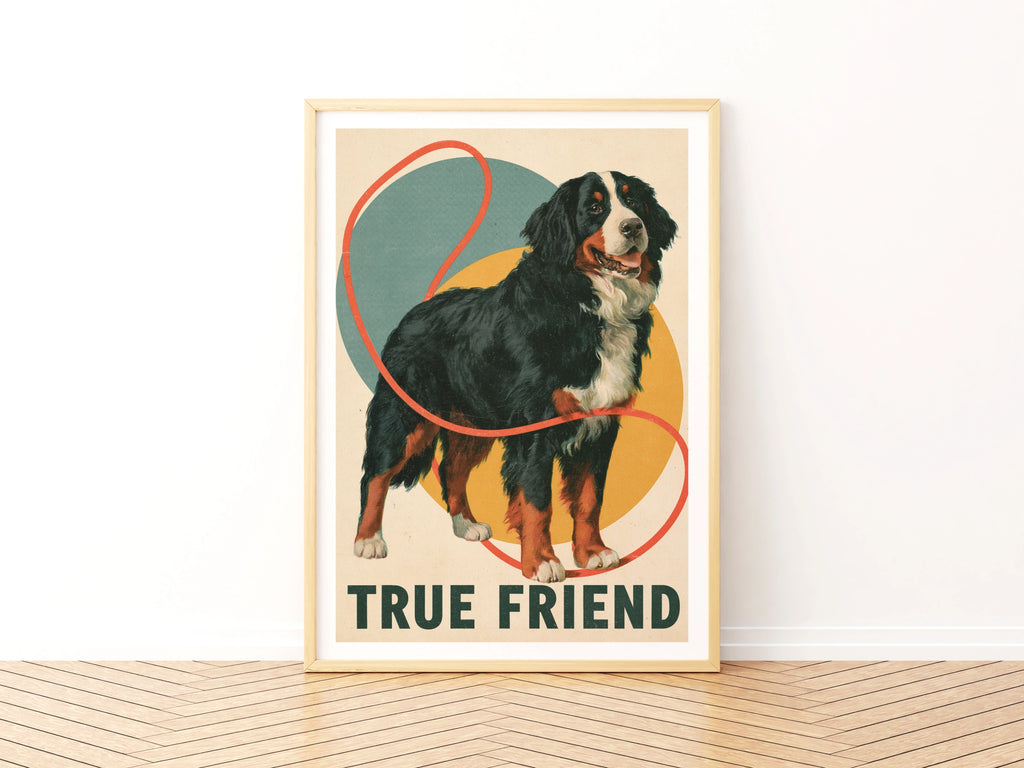 Bernese Mountain Dog Retro Print, True Friend Folk Art, Vintage Dog Wall Art Gift