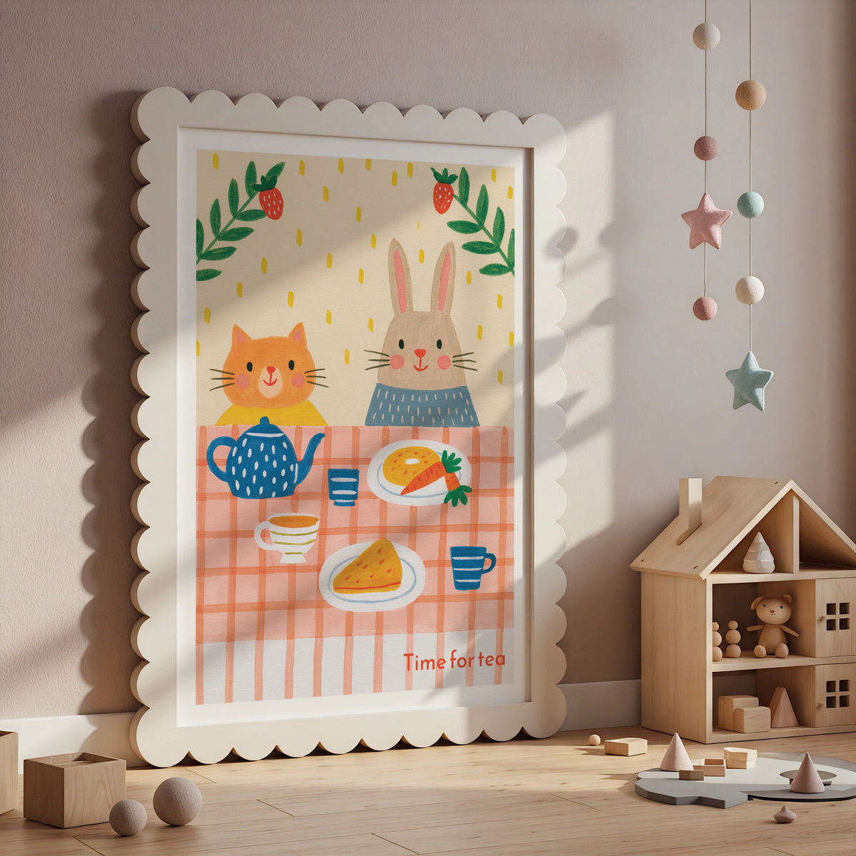 Time for Tea Retro Children's Print, Cat Rabbit Tea Party Poster, Kids Wall Art