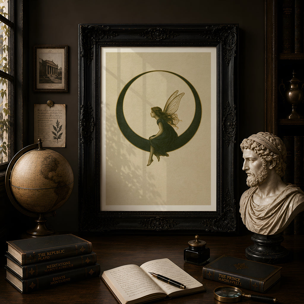 Fairy on Crescent Moon Art Print, Vintage Fairycore Poster, Celestial Wall Art, Whimsical Nursery