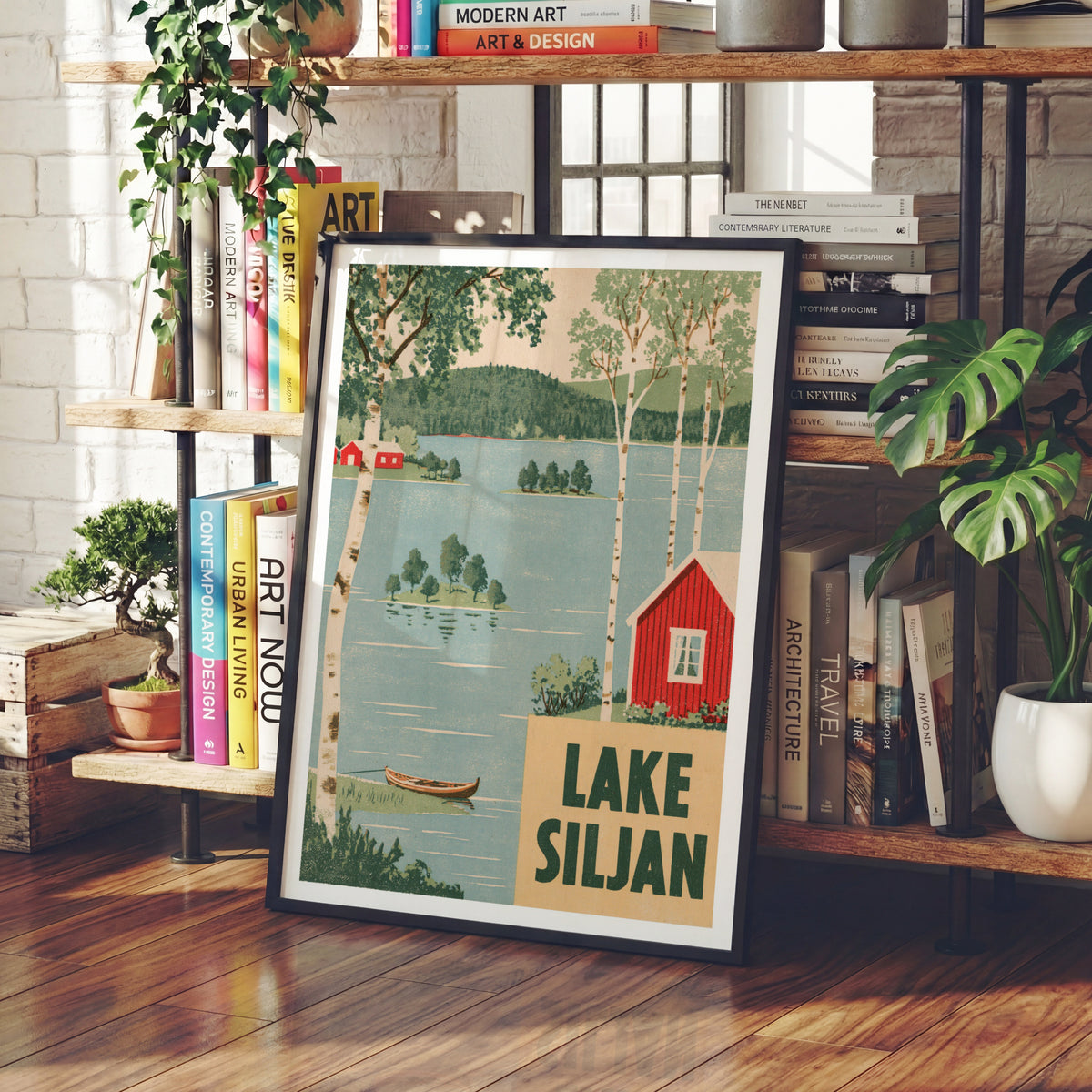 Retro Lake Siljan Sweden Print, Vintage Travel Poster, Red Cabin Birch Trees, Scandinavian Wall Art