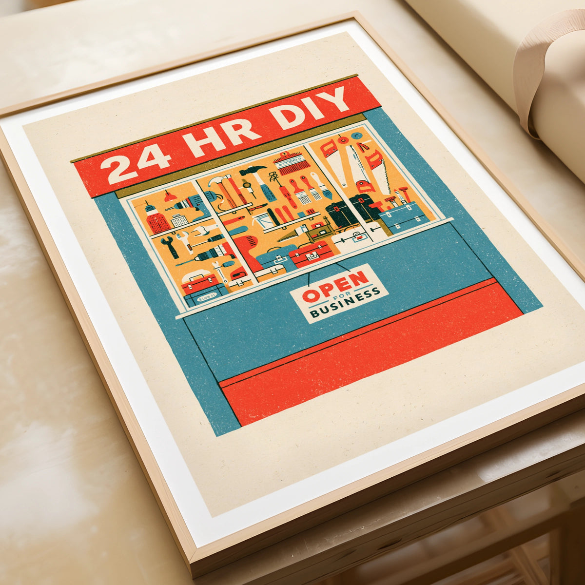 24 HR DIY Retro Tool Shop Poster, Vintage Hardware Store Wall Art Print