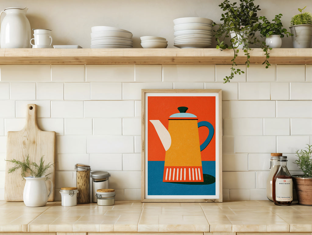 Vintage Food Poster Print, Retro Mid Century Risograph Coffee Pot, Rustic Kitchen Decor Art