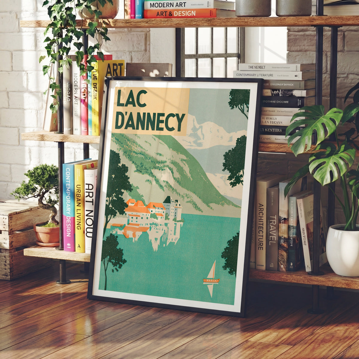 Retro Lac d'Annecy Poster, Vintage Travel Print, French Alps Lake Wall Art, Turquoise Lake Scene
