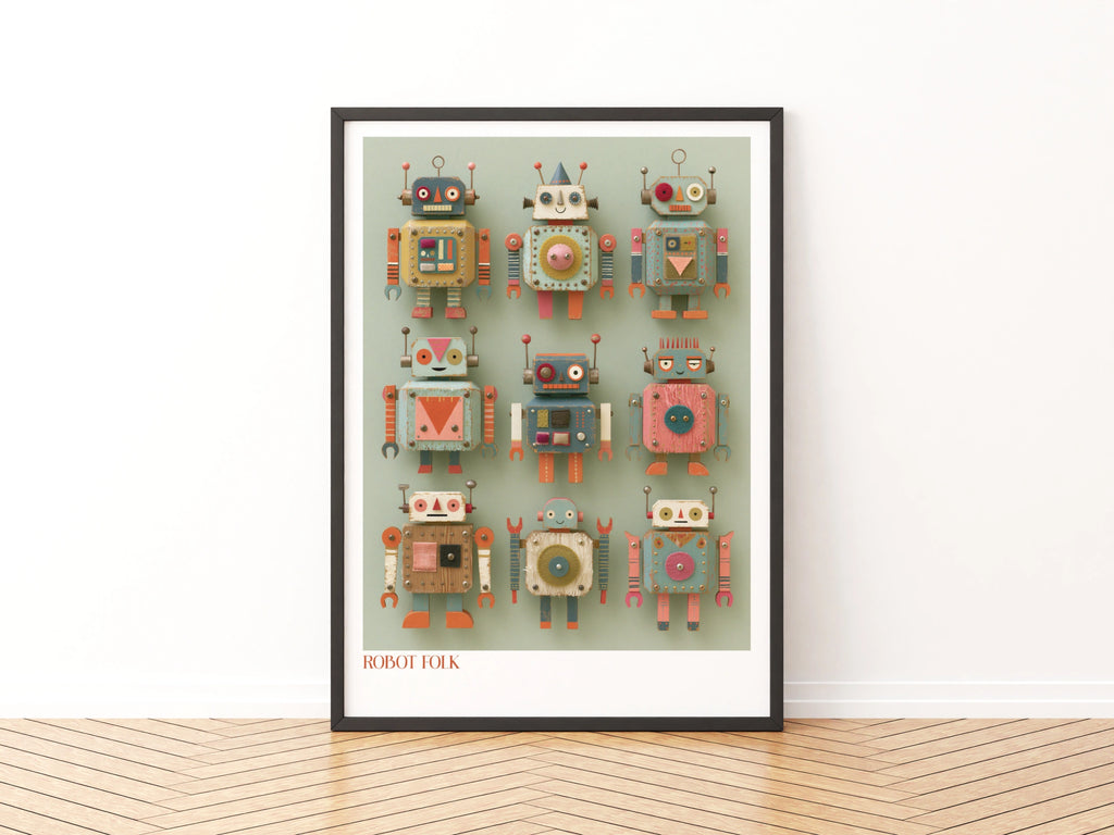 Retro Robot Folk Art Print, Children's Collectable Poster, Vintage Toy Wall Art Kids Room