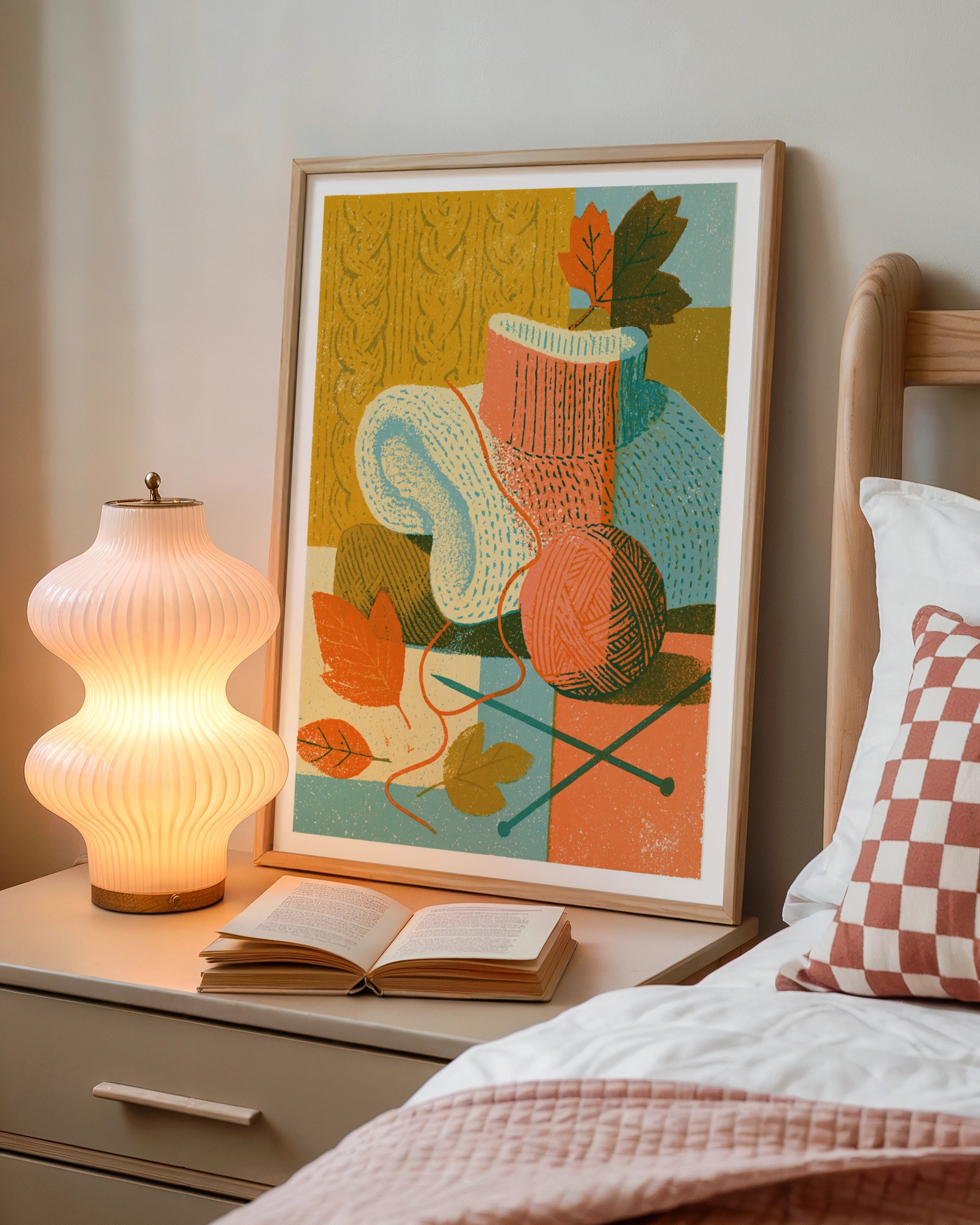 Retro Knitting Poster, Autumn Wool Art Print, Cosy Fall Craft Wall Decor, Vintage Style