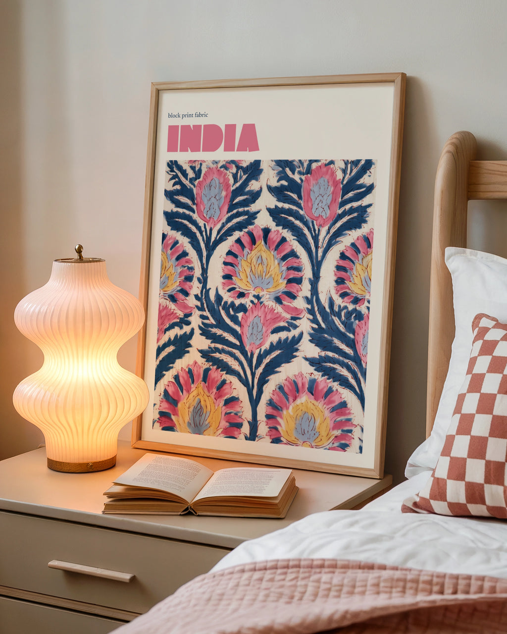 India Block Print Fabric Contemporary Travel Art, Floral Wall Art Print, Pink Blue