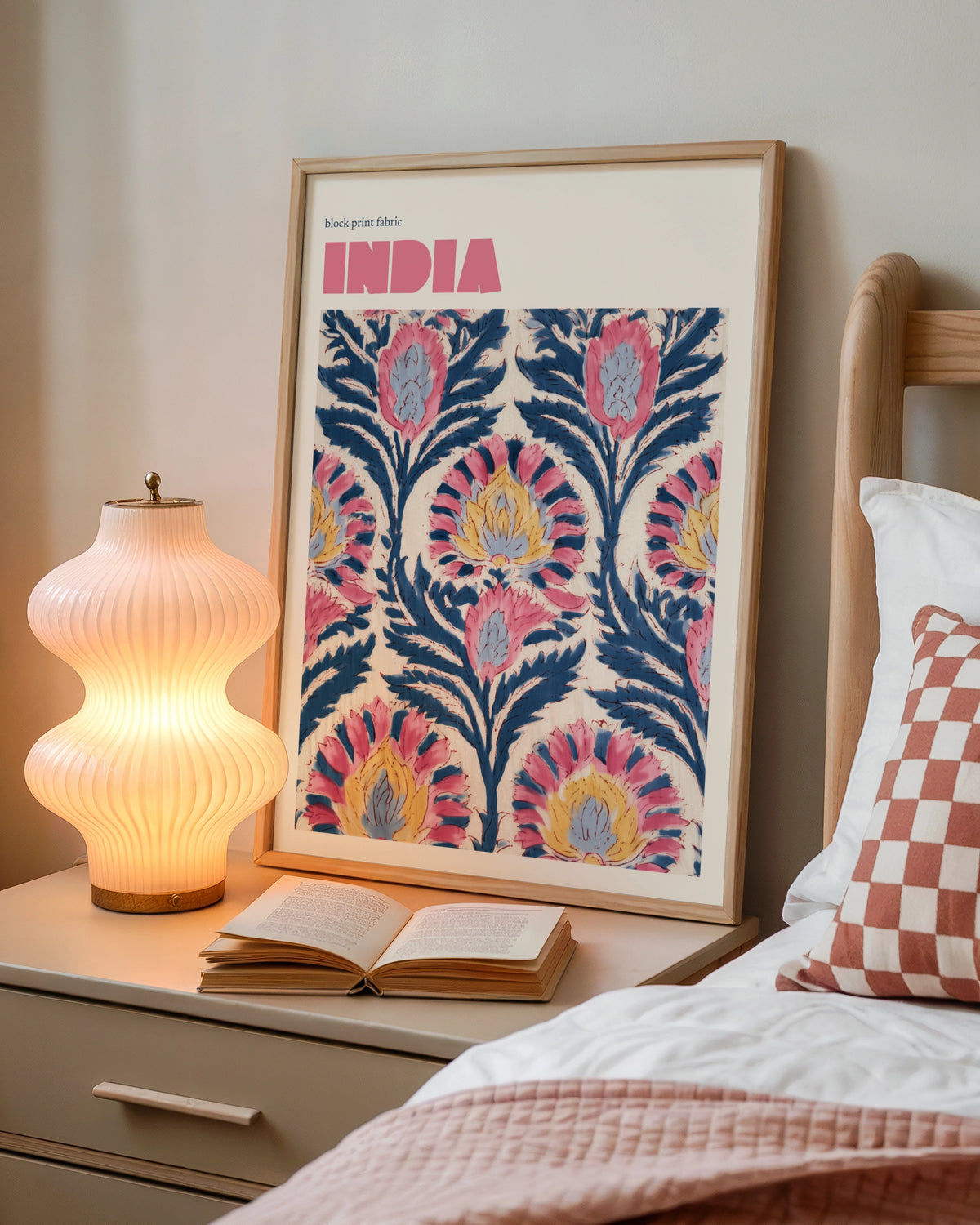 India Block Print Fabric Contemporary Travel Art, Floral Wall Art Print, Pink Blue