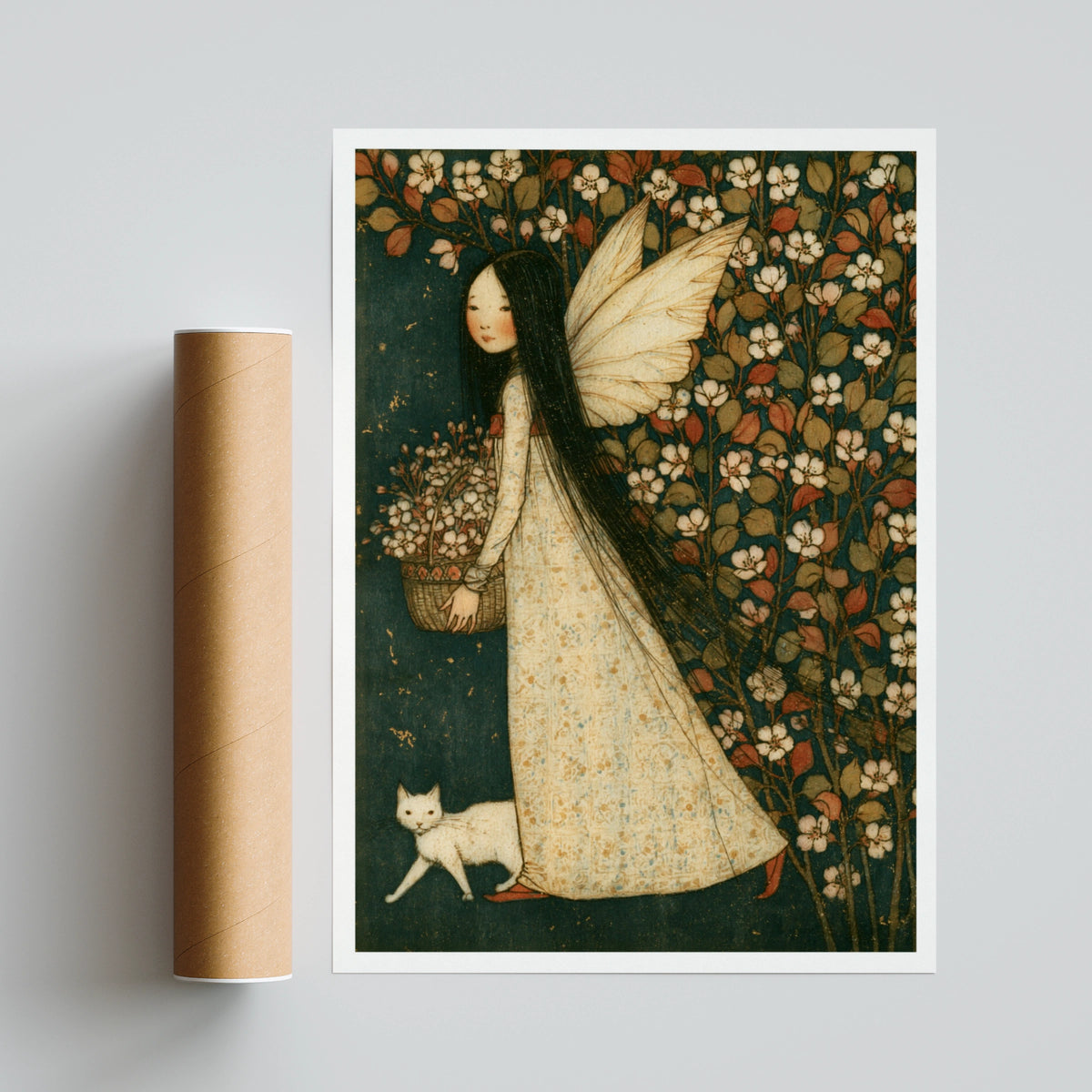 Fairy Girl Blossom Classic Art Print, White Cat Floral Folk Poster, Vintage Style