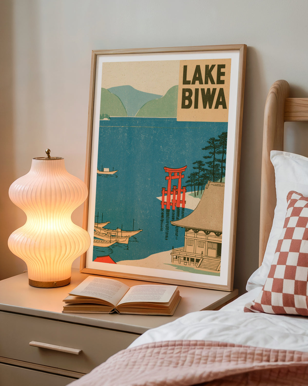Lake Biwa Japan Retro Travel Poster, Vintage Travel Torii Gate Woodblock Style, Japanese Wall Art