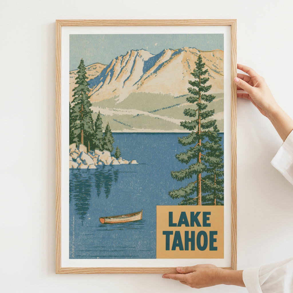 Lake Tahoe Retro Travel Poster, Vintage Travel Print, Sierra Nevada Mountain Lake, California