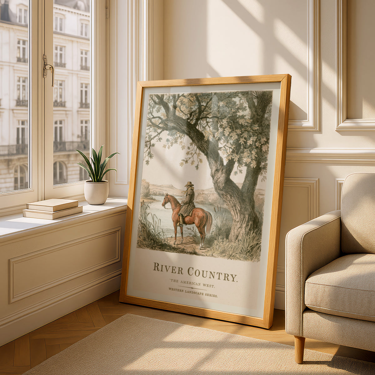 River Country Western Landscape Print, Vintage Cowboy on Horseback, Oak Tree Nature Wall Art, Poster