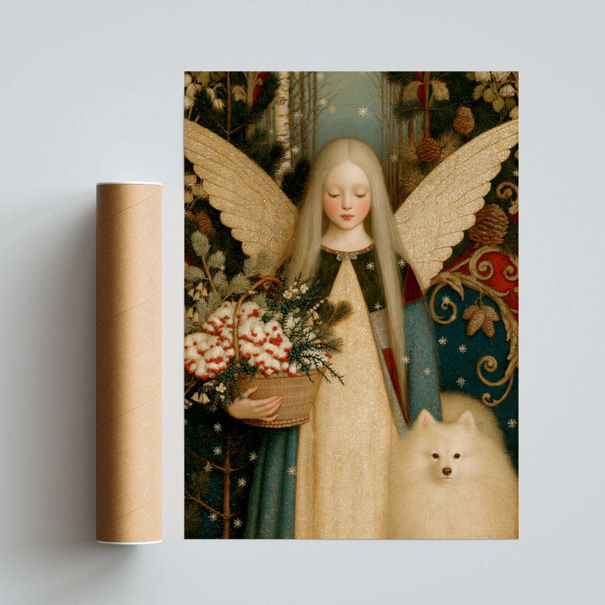 Winter Angel Art Print, Christmas Fairy Poster, Vintage Folk Style, White Dog Spitz Wall Art