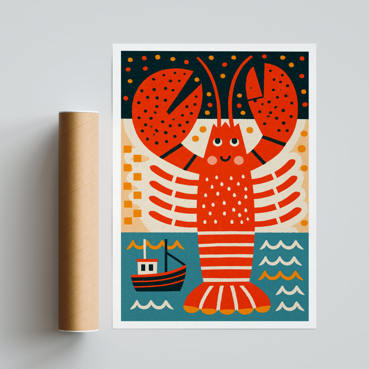 Retro Lobster Print, Vintage Style Seaside Wall Art, Nautical Fishing Boat Poster, Kitchen Decor
