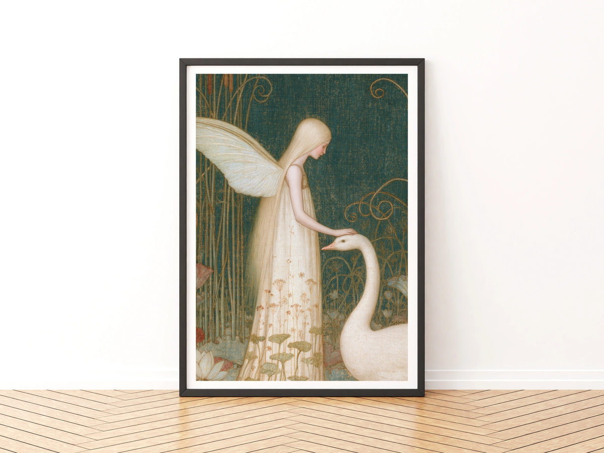 Fairy and Swan Print, Classic Folk Art Poster, Ethereal Fantasy Wall Art, Teal Gold Whimsical