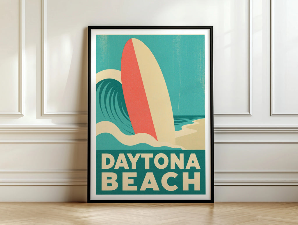 Daytona Beach Retro Surf Poster, Vintage Travel Print, Surfboard Wall Art Florida