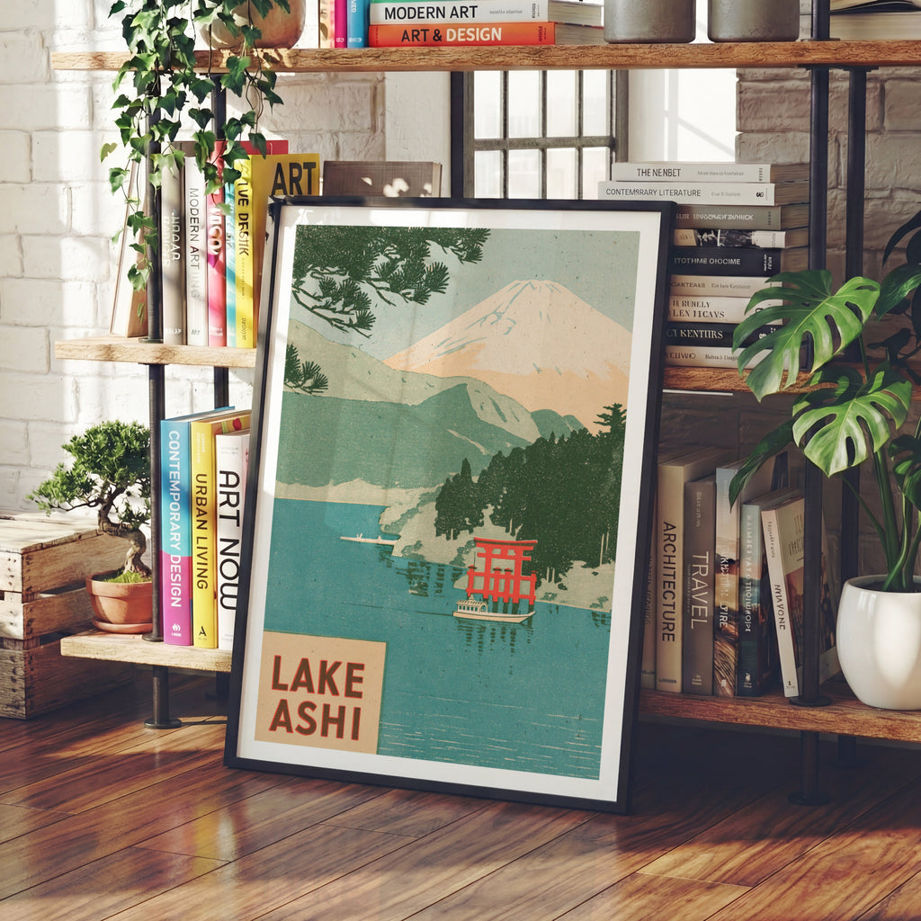 Retro Lake Ashi Japan Print, Vintage Travel Poster, Mount Fuji Torii Gate Woodblock Style, Hakone