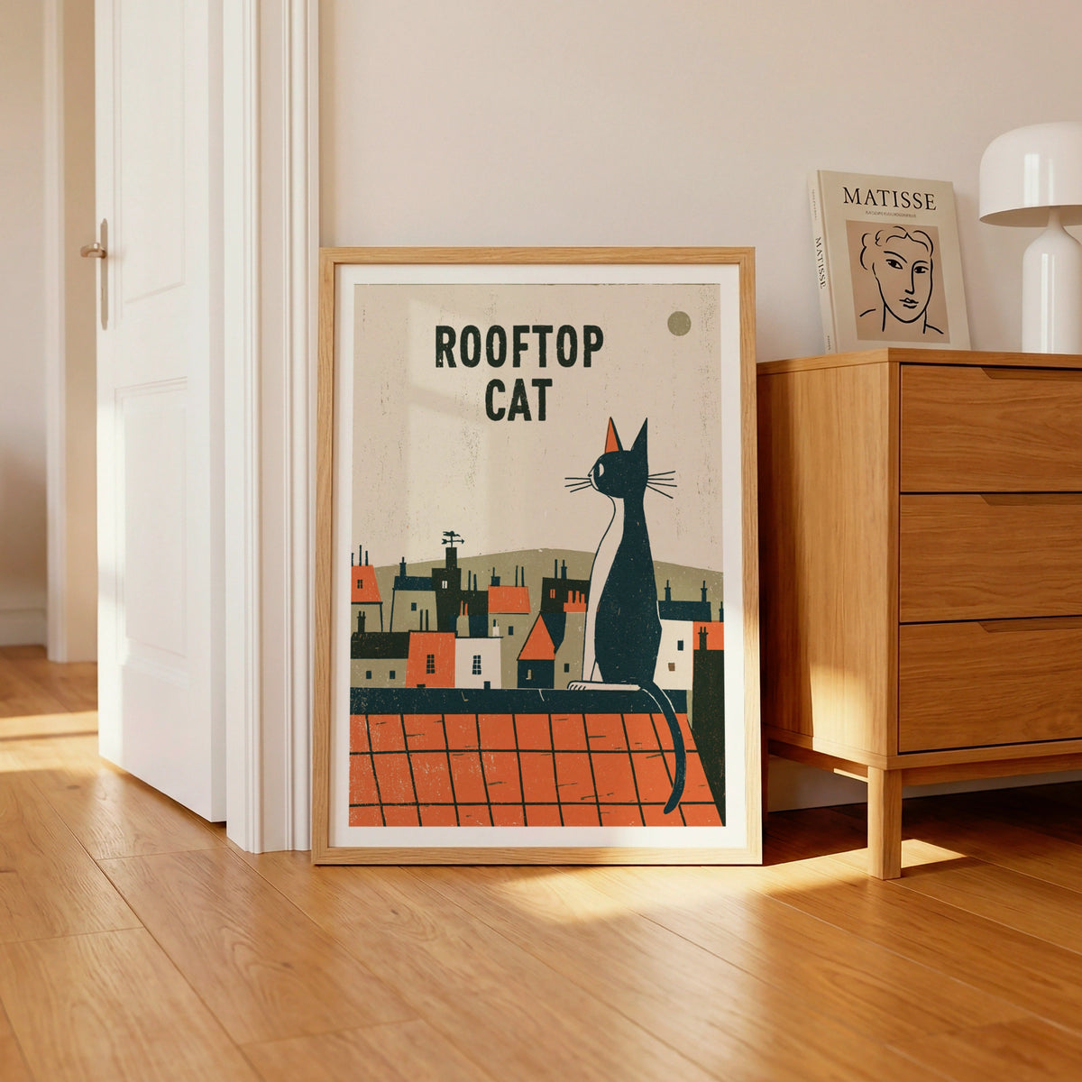 Rooftop Cat Print, Retro Black Cat Wall Art, Folk Style Cat Lover Gift, Vintage Town