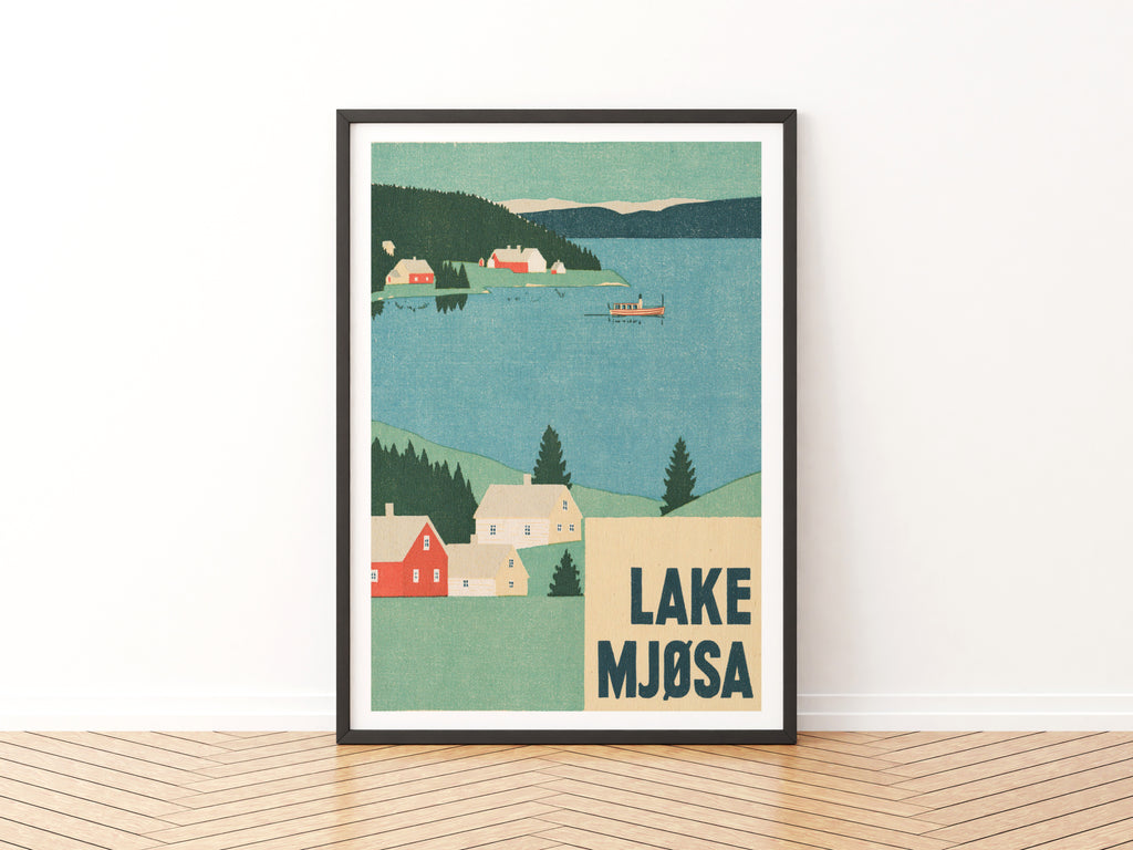 Retro Lake Mjosa Norway Poster, Vintage Travel Print, Scandinavian Wall Art, Norwegian Lake