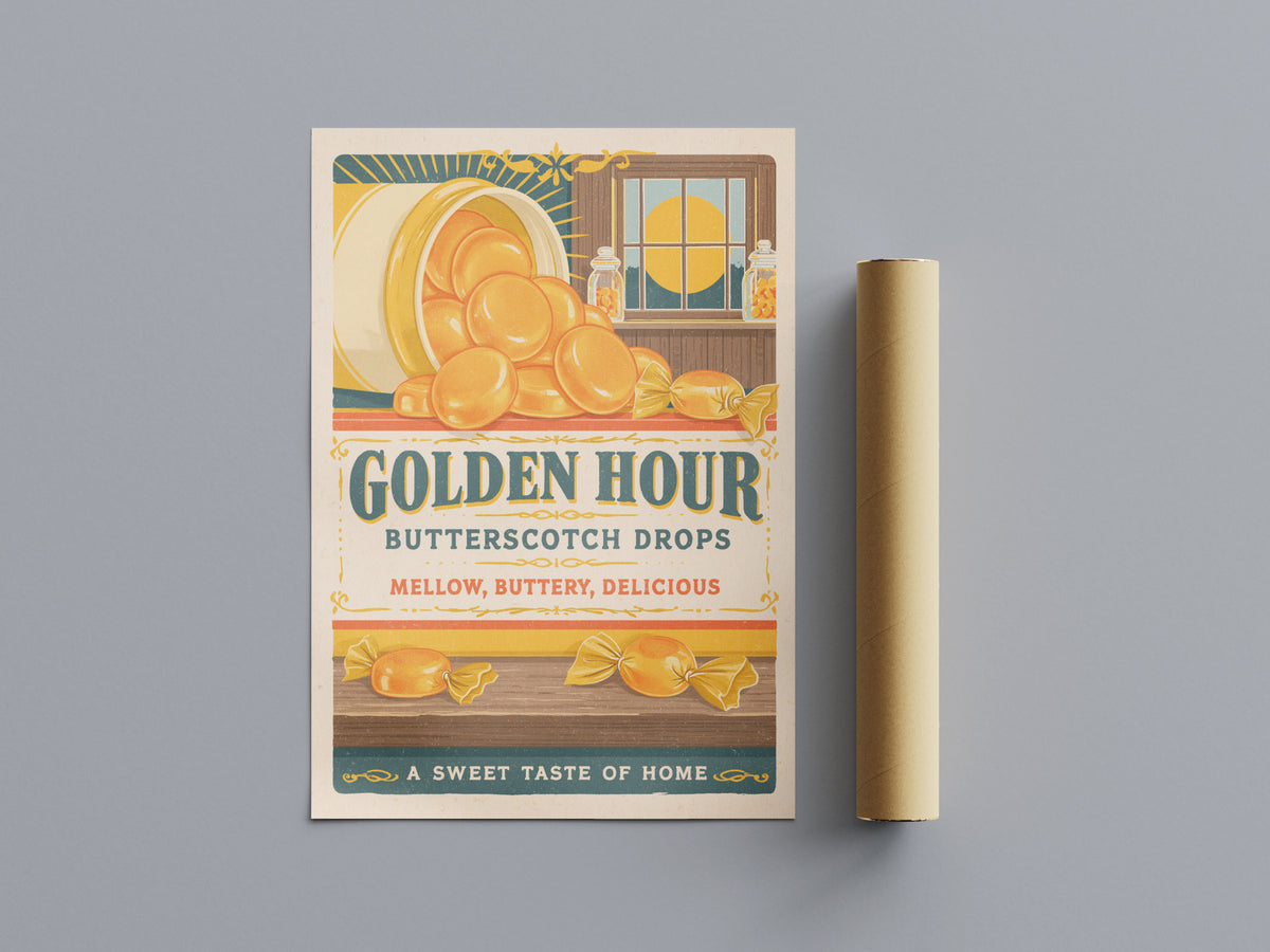 Butterscotch Candy Contemporary Kitchen Wall Art, Vintage Sweet Shop Print, Golden Hour Food Decor