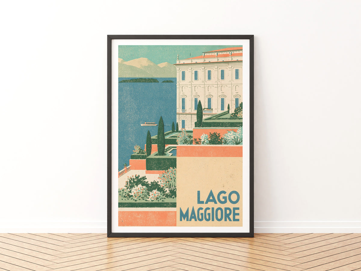 Retro Lago Maggiore Italy Print, Vintage Travel Poster, Italian Lake Wall Art, Terraced Garden Villa