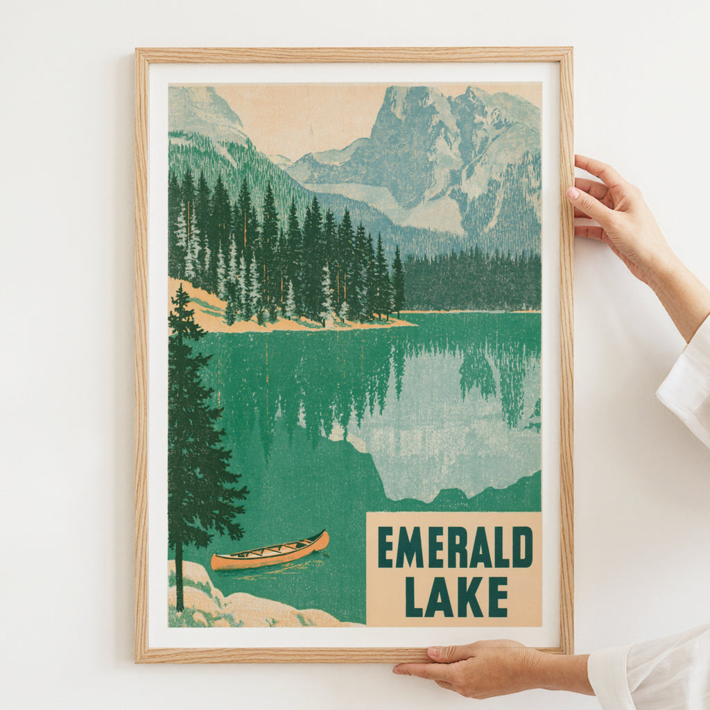 Emerald Lake Retro Vintage Travel Poster, Canada Mountain Lake Print, Canoe Pine Forest Wall Art