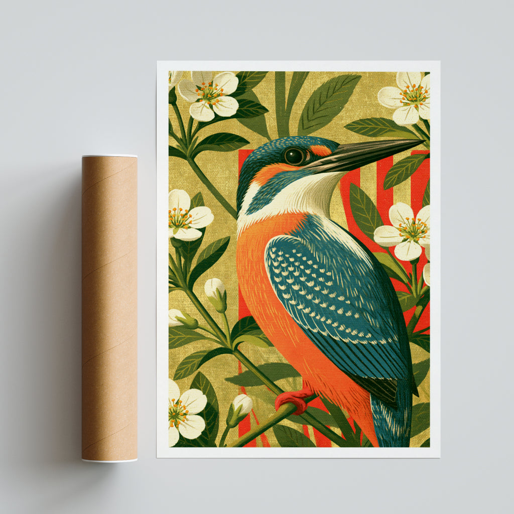 Kingfisher Bird Print, Retro Botanical Wall Art, Classic Inspired Blossom Poster, Vintage Style