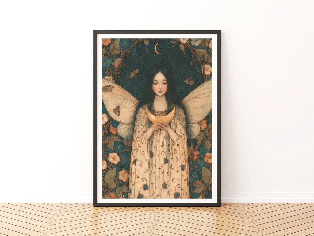 Fairy Moon Girl Classic Inspired Print, Floral Night Sky Poster, Celestial Wall Art